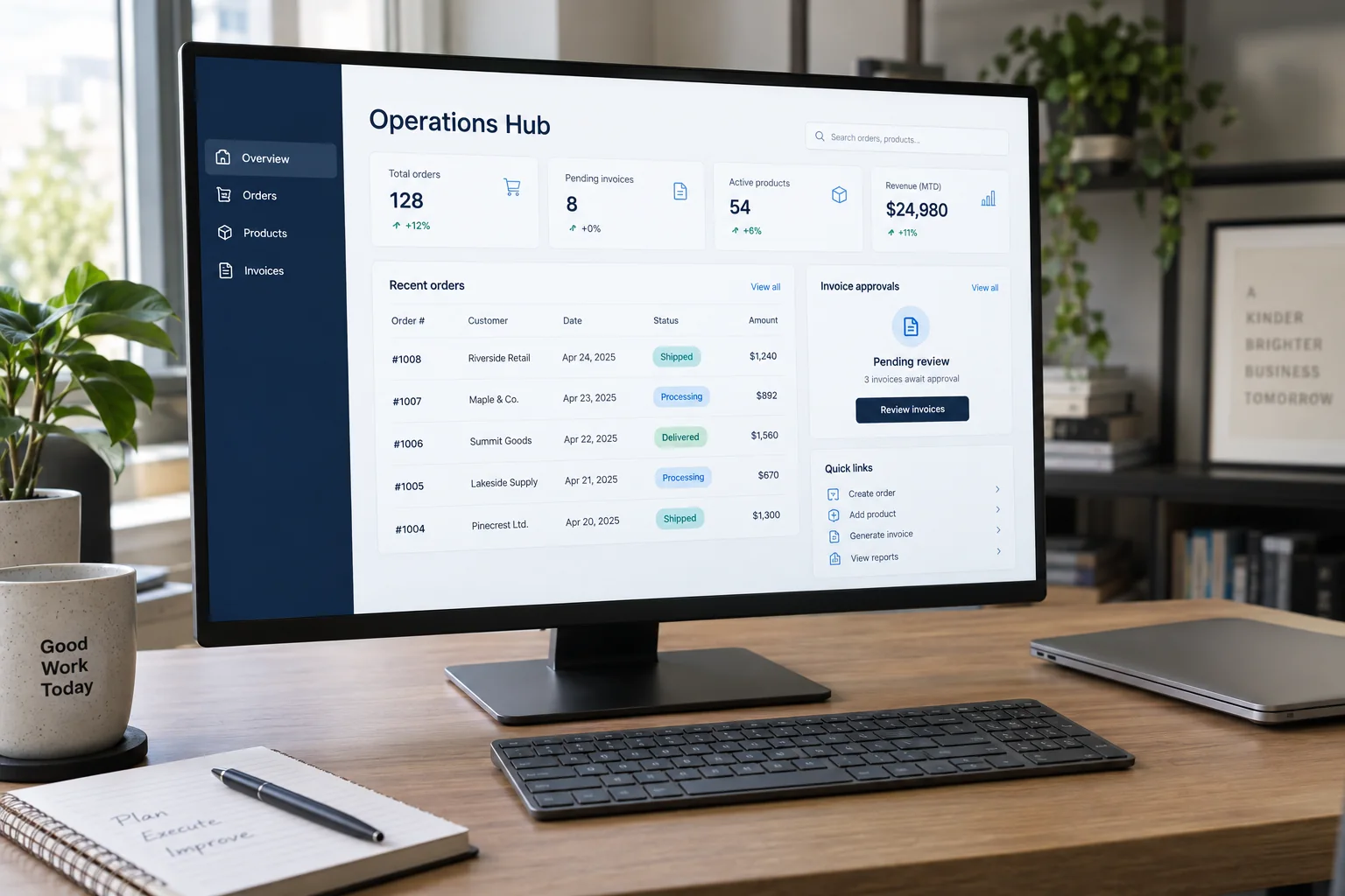 AI-generated business dashboard with product and order management on a desktop monitor