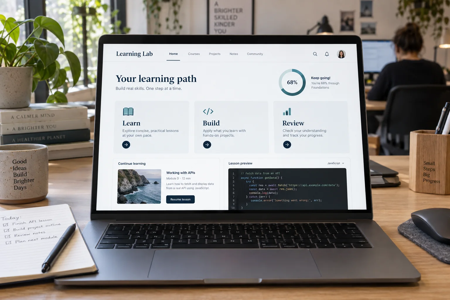 AI-generated workspace with a learning dashboard showing courses and project progress
