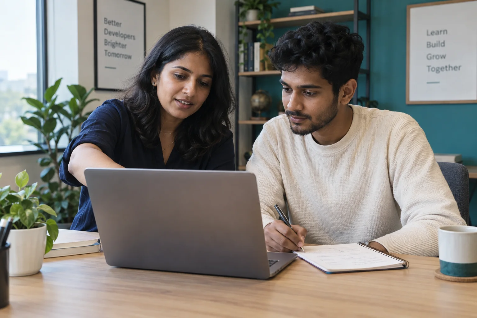 Two colleagues discussing a project at a laptop