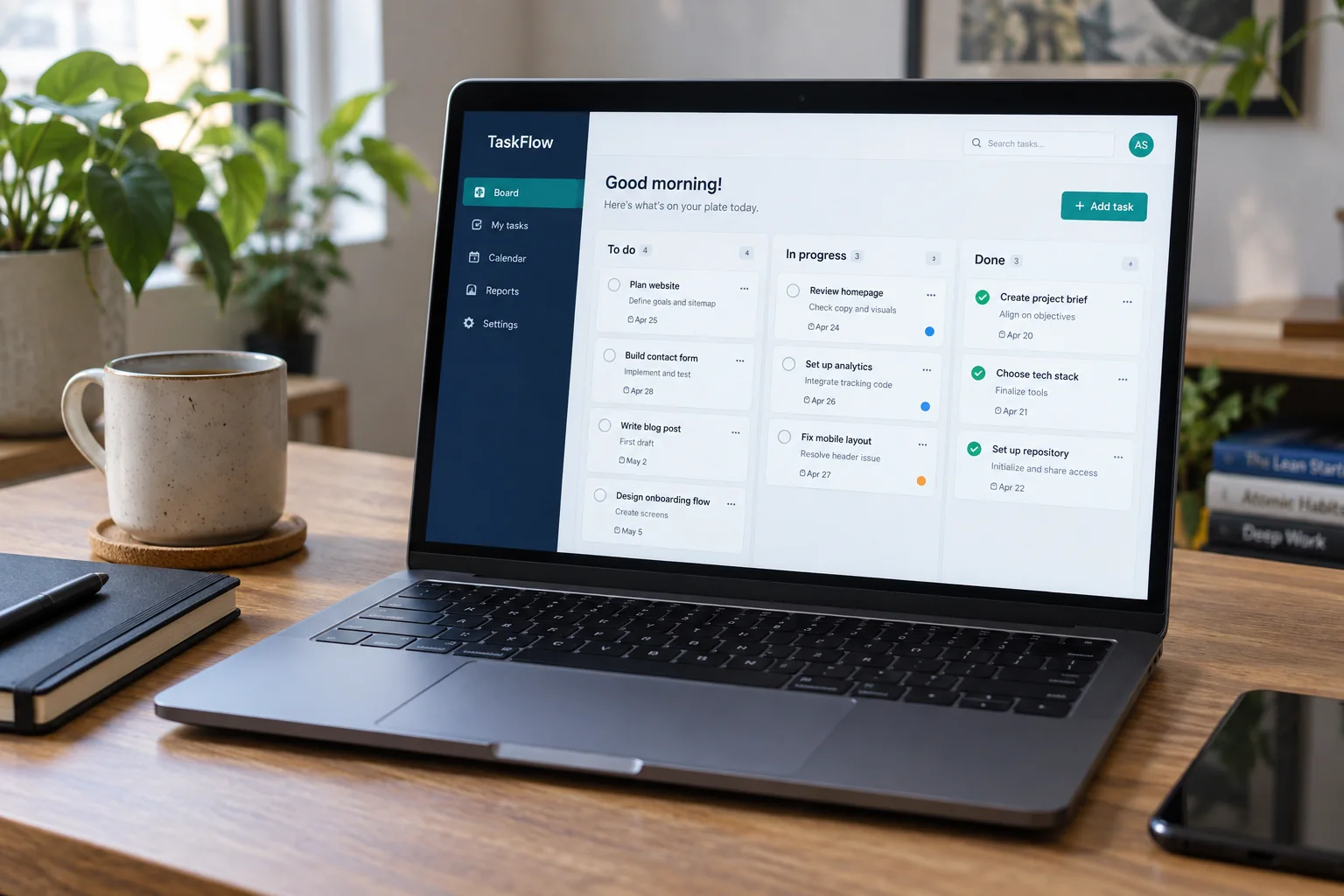 A laptop displaying a simple task-board project concept
