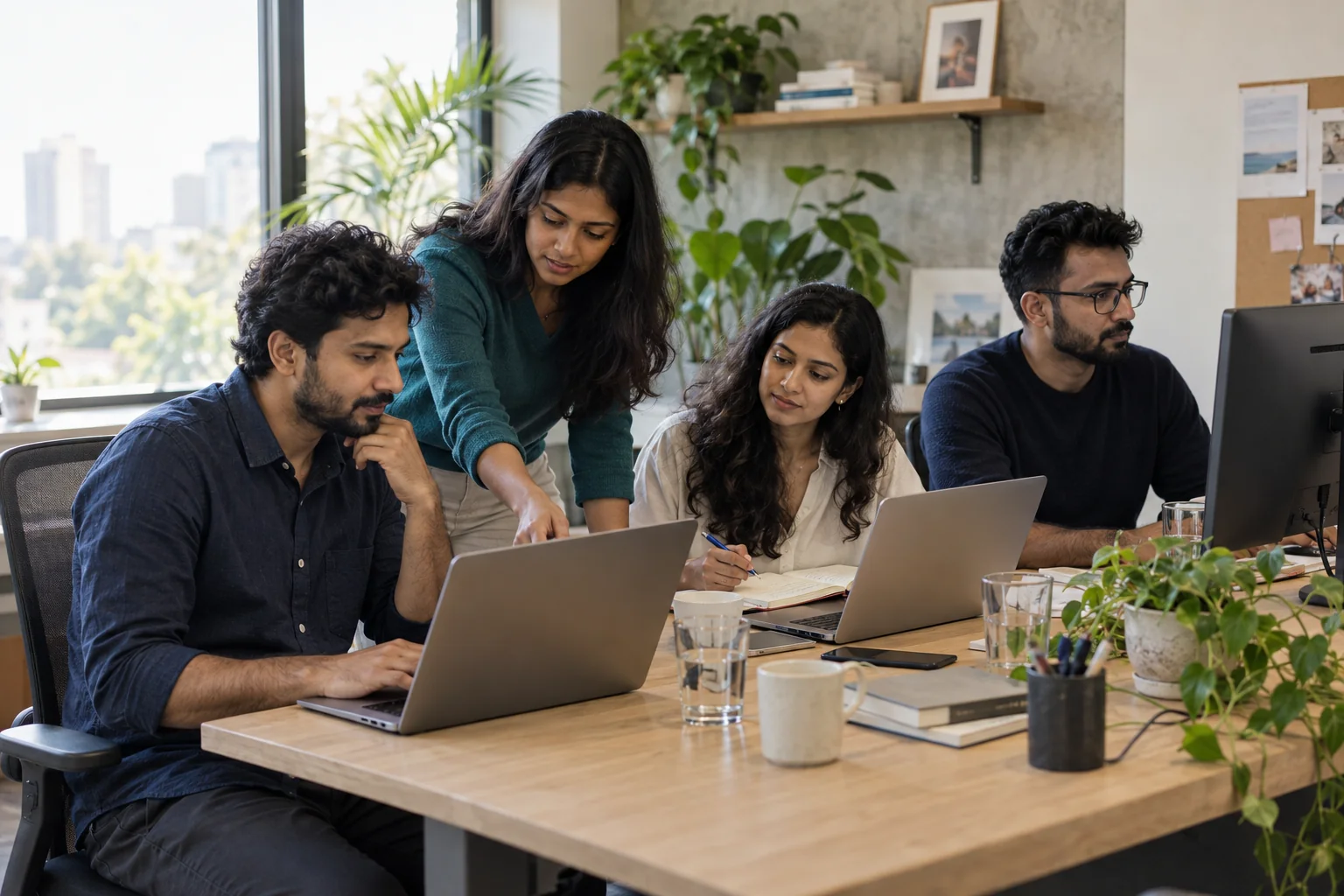 Four colleagues collaborating at computers in a bright studio